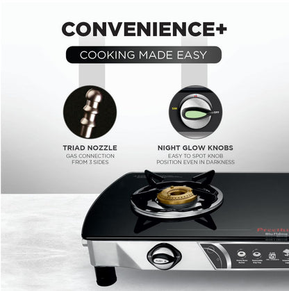 Preethi Bluflame Streak Plus Glass Top 2 Burner Gas Stove, with Jumbo Burner, Manual Ignition, Black