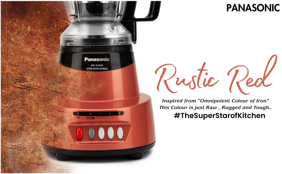 Panasonic Heavy Duty Mixer Grinder For Kitchen MX-AV425 (Rustic Red) Elements Series Powerful 1500W (MMLW) 4 Jar (Three-304 Stainless Steel & 1Juicer Extractor Jar) |5 Years Motor Warranty