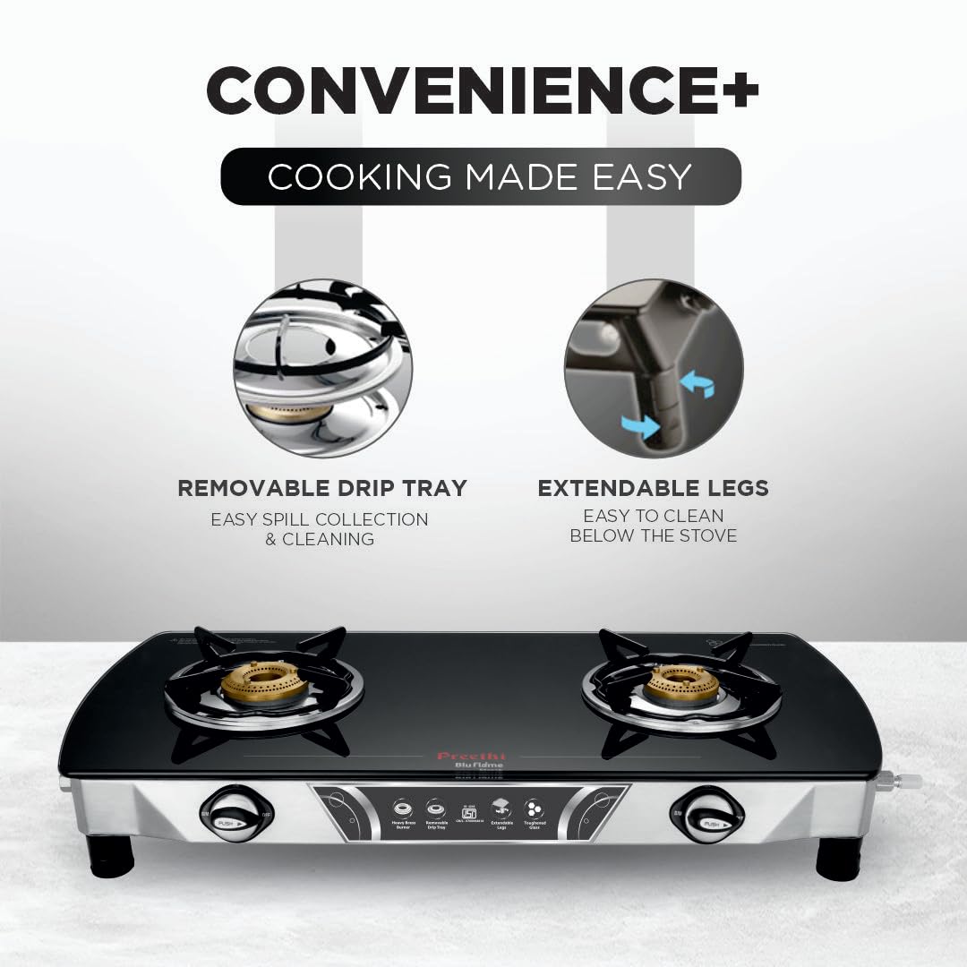 Preethi Bluflame Streak Plus Glass Top 2 Burner Gas Stove, with Jumbo Burner, Manual Ignition, Black