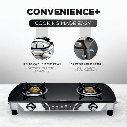 Preethi Bluflame Streak Plus Glass Top 2 Burner Gas Stove, with Jumbo Burner, Manual Ignition, Black