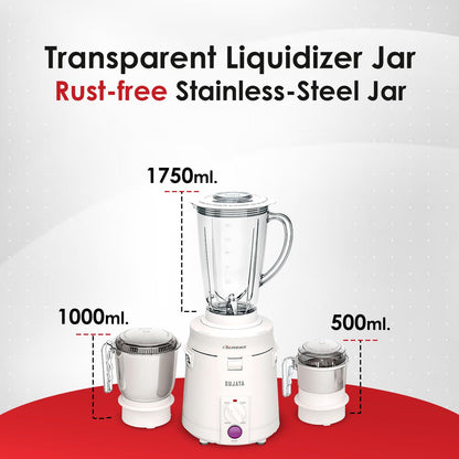 Sujata Supermix Mixer Grinder|900 Watts Double Ball Bearing Motor|22000 RPM|Non-Stop 90 Mins Running|3 Jars including 1750ml Blender, 1000ml Grinder, 500ml Chutney Jar| (White)