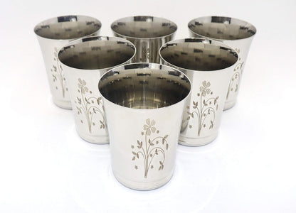 Stainless Steel Water Glasses Pari Design with Laser Flower Design | Capacity: 350 ML