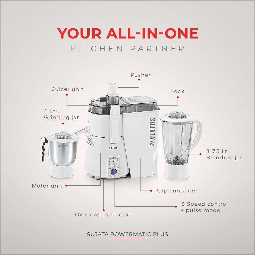 Sujata Powermatic Plus Juicer Mixer Grinder|900 Watts Double Ball Bearing Motor|22000 RPM | Non-Stop 90 Mins Running|2 Jars including 1750ml Blender, 1000ml Grinder Jar| (White)