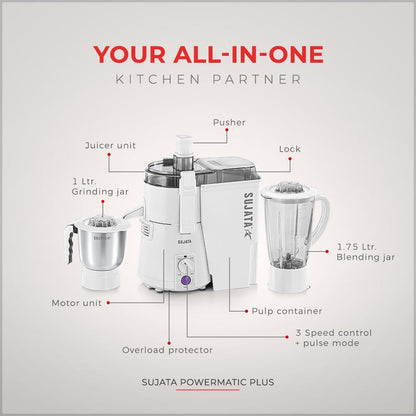 Sujata Powermatic Plus Juicer Mixer Grinder|900 Watts Double Ball Bearing Motor|22000 RPM | Non-Stop 90 Mins Running|2 Jars including 1750ml Blender, 1000ml Grinder Jar| (White)