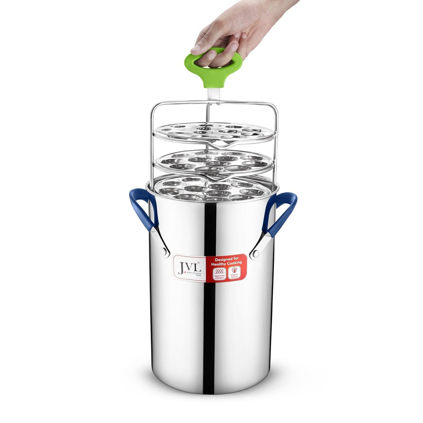 JVL Stainless Steel Triply Base Thatte Idly Maker (5 Mini Idly plates) 1 Steamer Vessel, 5 Mini Idly Plates, 1 Stand, 1 Lifter and 1 Spatula