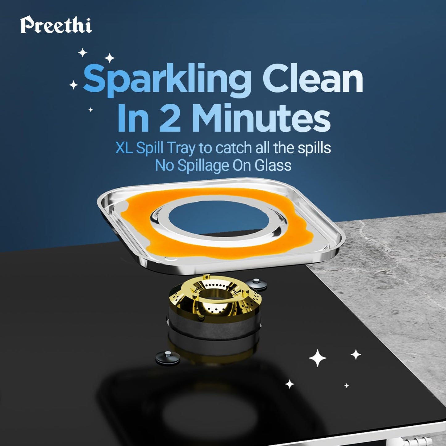 Preethi Silverin 3 Burner Glass Top Gas Stove | Easy-to-Clean with XL Spill Tray | Sparkling Clean in 2 Minutes | 5-Year Glass & Burner Warranty | Lifetime Valve Warranty | ISI Certified