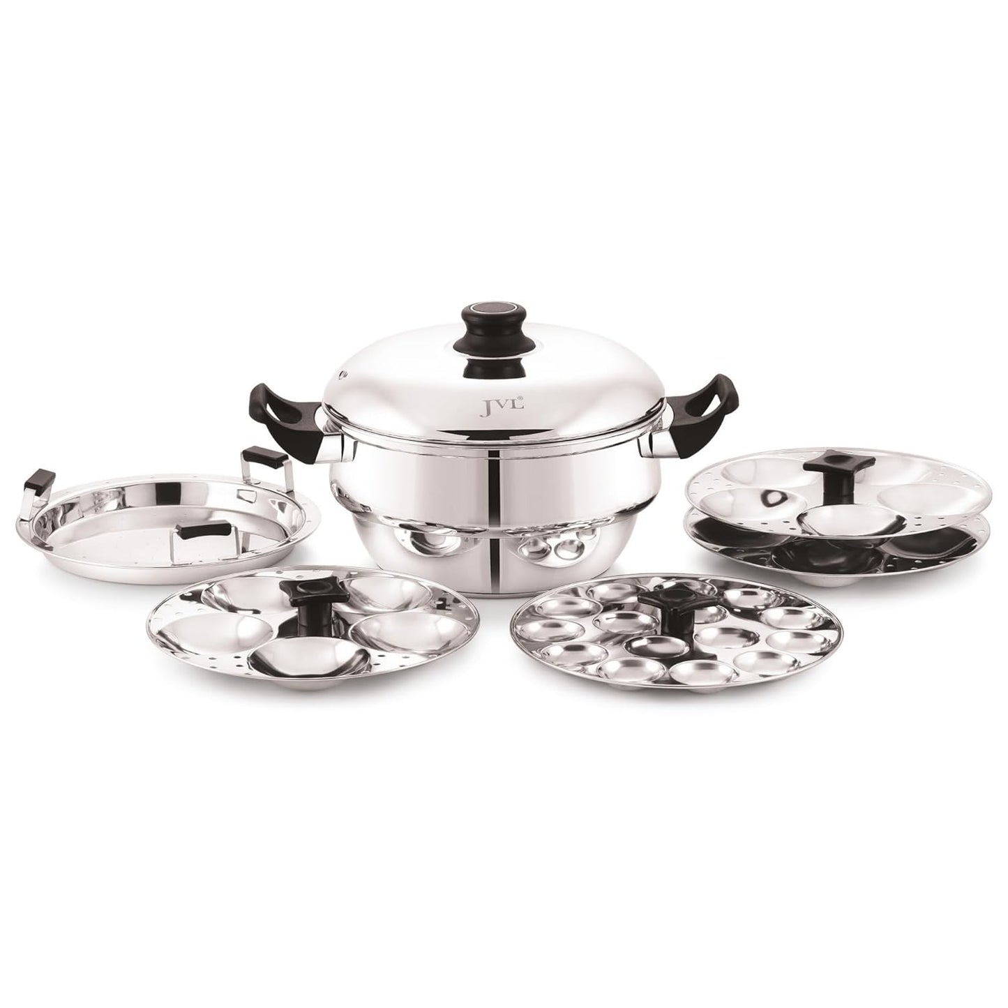 JVL 4-in-1 Classic Idly Pot with Tri-Ply Base, Idly & Mini Idly Maker, Steamer, Converts to Deep Kadai, Cool-Touch Handles, Stainless Steel, Induction Compatible (21 Idlies, 1 Mini Idly)