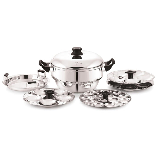 JVL 4-in-1 Classic Idly Pot with Tri-Ply Base, Idly & Mini Idly Maker, Steamer, Converts to Deep Kadai, Cool-Touch Handles, Stainless Steel, Induction Compatible (21 Idlies, 1 Mini Idly)