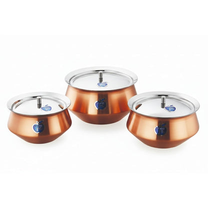 JVL Stainless Steel Spike Handi with Lid - 3 Pices, Gravy & Stock Pot, Cook & Serve Vessel, Rust Resistant - Full Copper (750ml, 1.1L & 1.6L)