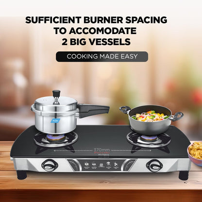 Preethi Bluflame Streak Plus Glass Top 2 Burner Gas Stove, with Jumbo Burner, Manual Ignition, Black
