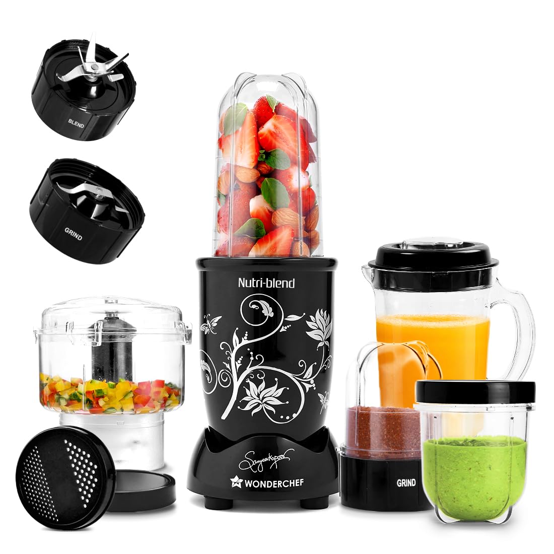 Wonderchef Nutri Blend Complete Kitchen Machine, Mixer Grinder, Blender, Chopper, Juicer, Stainless Steel Blades, 4 Jars with chopper, 500 Watts, Black, Online Recipe Book By Chef Sanjeev Kapoor