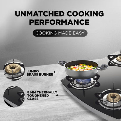 Preethi Blu Flame Jumbo glass top 4 burner gas stove, Manual Ignition, Black
