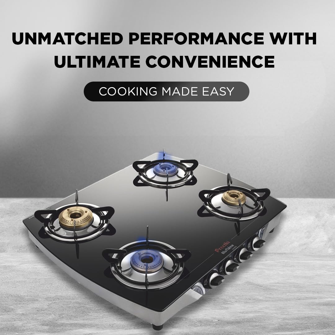 Preethi Blu Flame Jumbo glass top 4 burner gas stove, Manual Ignition, Black