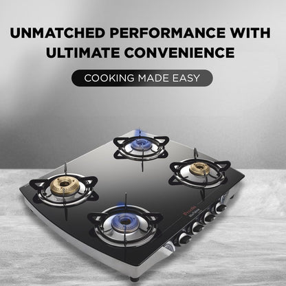 Preethi Blu Flame Jumbo glass top 4 burner gas stove, Manual Ignition, Black
