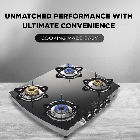 Preethi Blu Flame Jumbo glass top 4 burner gas stove, Manual Ignition, Black