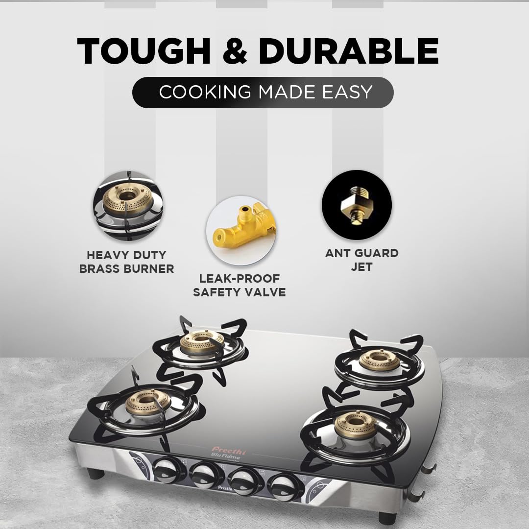 Preethi Blu Flame Jumbo glass top 4 burner gas stove, Manual Ignition, Black