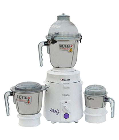 Sujata Dynamix Mixer Grinder|900 Watts Double Ball Bearing Motor|22000 RPM|Non-Stop 90 Mins Running|3 Food Grade Steel Jars including 1500ml Multipurpose, 1000ml Grinder, 500ml Chutney Jar (White)