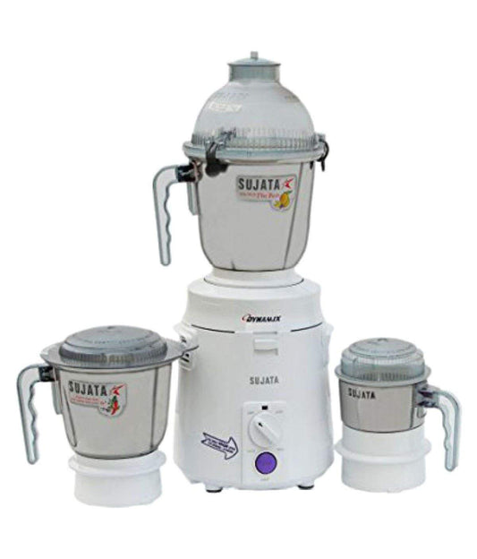 Sujata Dynamix Mixer Grinder|900 Watts Double Ball Bearing Motor|22000 RPM|Non-Stop 90 Mins Running|3 Food Grade Steel Jars including 1500ml Multipurpose, 1000ml Grinder, 500ml Chutney Jar (White)