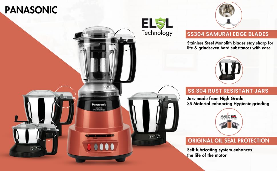 Panasonic Heavy Duty Mixer Grinder For Kitchen MX-AV425 (Rustic Red) Elements Series Powerful 1500W (MMLW) 4 Jar (Three-304 Stainless Steel & 1Juicer Extractor Jar) |5 Years Motor Warranty