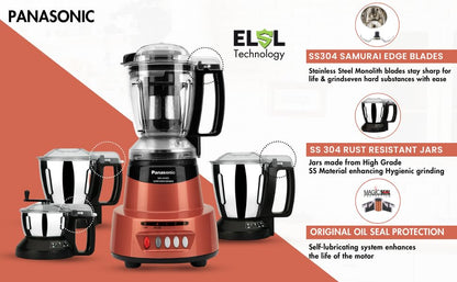 Panasonic Heavy Duty Mixer Grinder For Kitchen MX-AV425 (Rustic Red) Elements Series Powerful 1500W (MMLW) 4 Jar (Three-304 Stainless Steel & 1Juicer Extractor Jar) |5 Years Motor Warranty