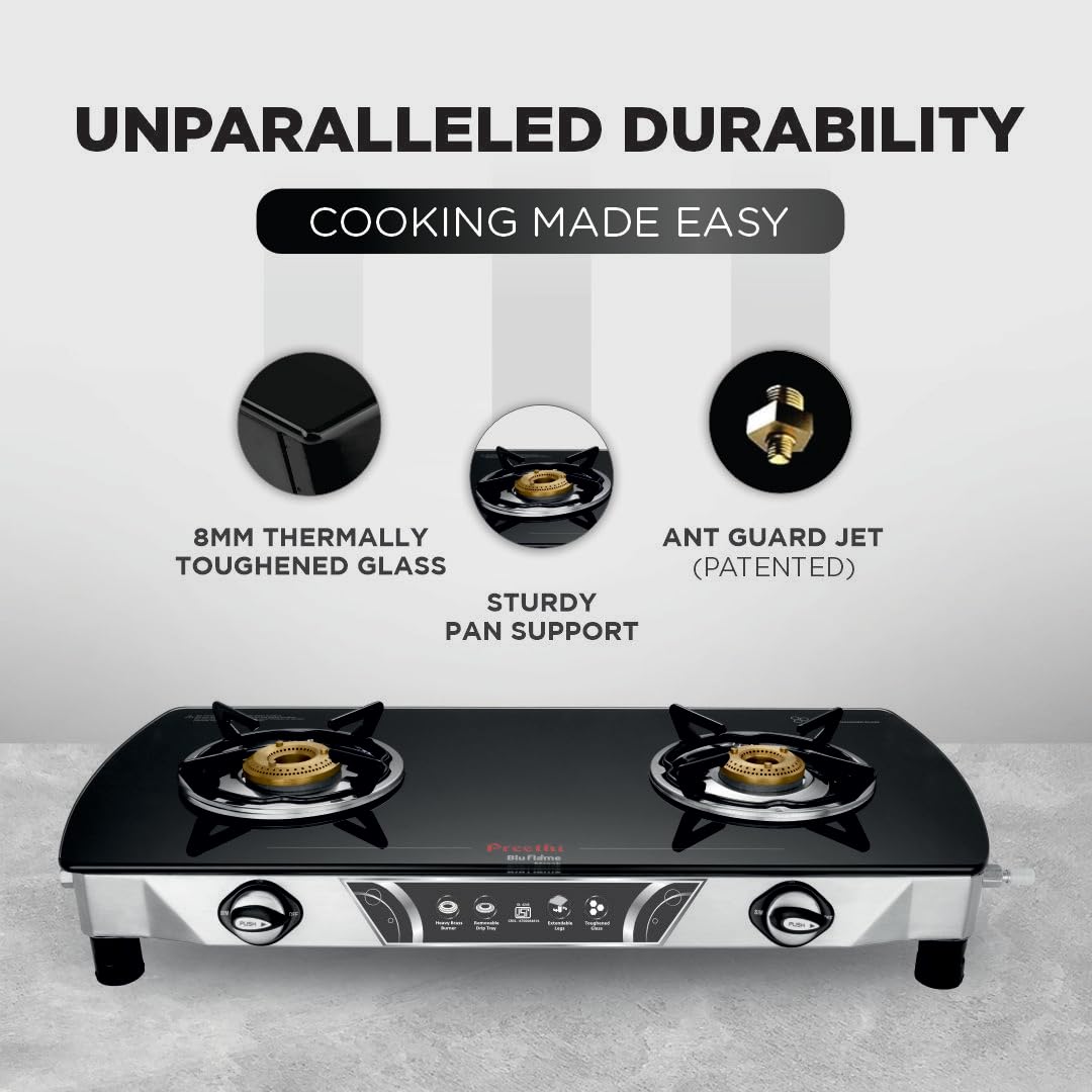 Preethi Bluflame Streak Plus Glass Top 2 Burner Gas Stove, with Jumbo Burner, Manual Ignition, Black