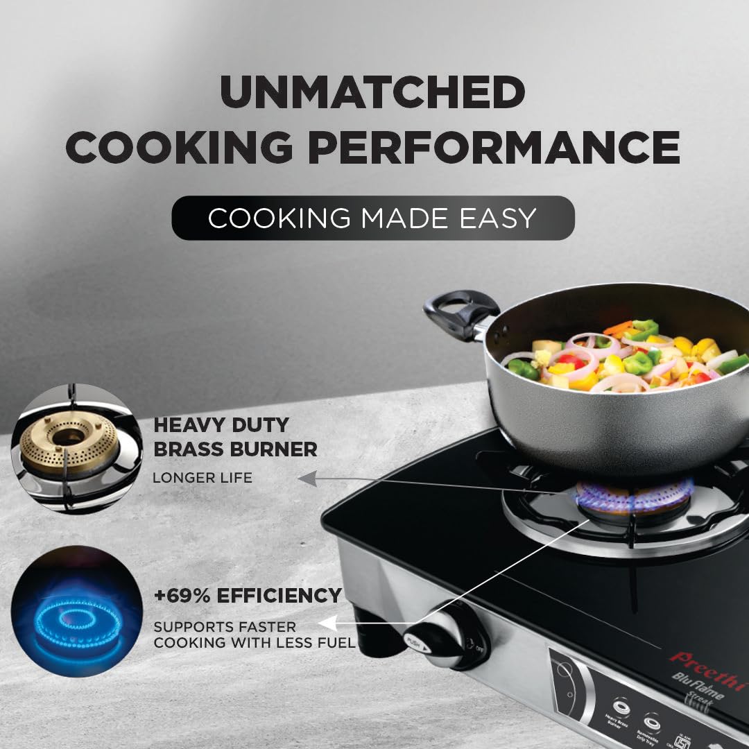 Preethi Bluflame Streak Plus Glass Top 2 Burner Gas Stove, with Jumbo Burner, Manual Ignition, Black