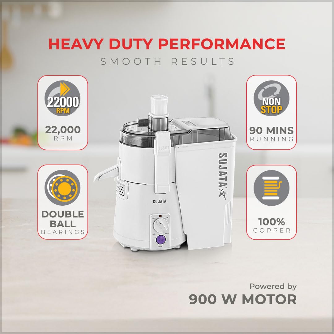Sujata Powermatic Plus Juicer Mixer Grinder|900 Watts Double Ball Bearing Motor|22000 RPM | Non-Stop 90 Mins Running|2 Jars including 1750ml Blender, 1000ml Grinder Jar| (White)