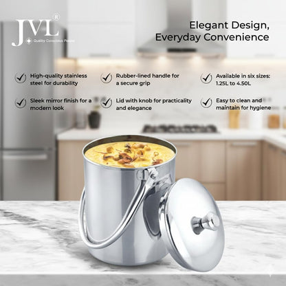 JVL Classiware Stainless Steel Milk Pot with Lid & Handle, Multi-Purpose Storage Container for Oil & Dry Storage, Durable & Hygienic Kitchen Vessel - Matt Finish (3.75 Liters)