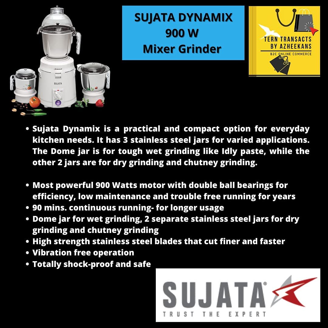 Sujata Dynamix Mixer Grinder|900 Watts Double Ball Bearing Motor|22000 RPM|Non-Stop 90 Mins Running|3 Food Grade Steel Jars including 1500ml Multipurpose, 1000ml Grinder, 500ml Chutney Jar (White)