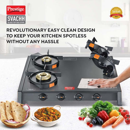 Prestige Svachh Glass Top Gas Stove with 4 Liftable Brass Burners for easy cleaning(GTSB-04)|Jumbo Brass Burner|Sturdy pan support|2 years warranty|5 years warranty on glass