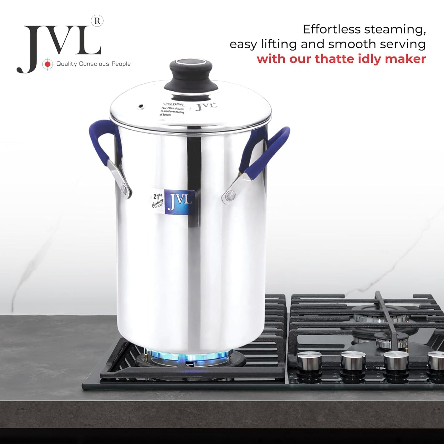 JVL Stainless Steel Triply Base Thatte Idly Maker (5 Mini Idly plates) 1 Steamer Vessel, 5 Mini Idly Plates, 1 Stand, 1 Lifter and 1 Spatula