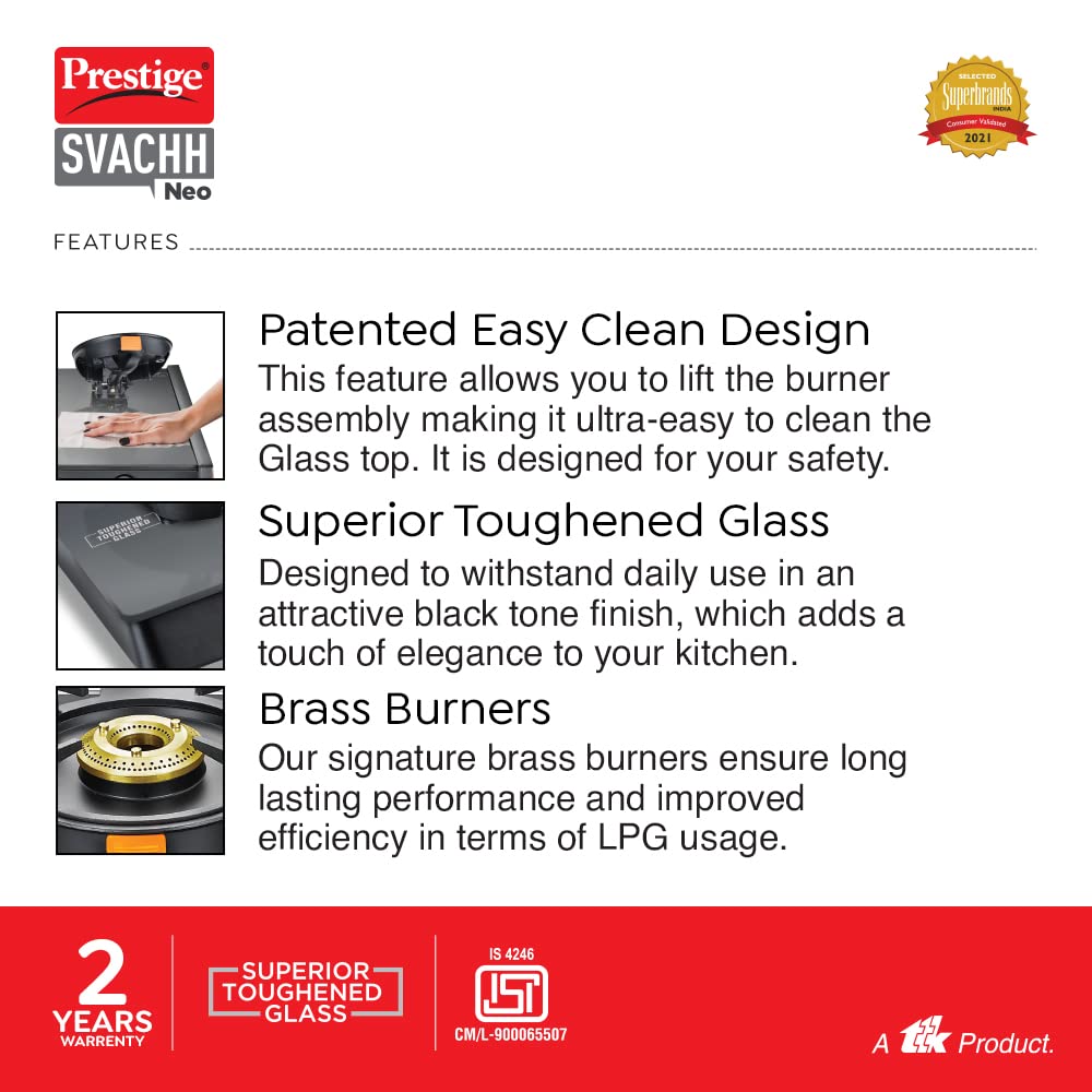 Prestige Svachh Glass Top Gas Stove with 2 Liftable Brass Burners for easy cleaning(GTSB-02)|Sturdy pan support|2 years warranty|5 years warranty on glass
