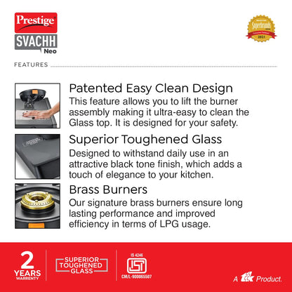 Prestige Svachh Glass Top Gas Stove with 2 Liftable Brass Burners for easy cleaning(GTSB-02)|Sturdy pan support|2 years warranty|5 years warranty on glass