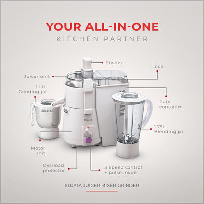 Sujata Powermatic Plus Juicer Mixer Grinder|900 Watts Double Ball Bearing Motor|22000 RPM | Non-Stop 90 Mins Running|2 Jars including 1750ml Blender, 1000ml Grinder Jar| (White)