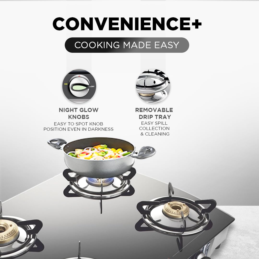 Preethi Blu Flame Jumbo glass top 4 burner gas stove, Manual Ignition, Black