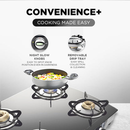 Preethi Blu Flame Jumbo glass top 4 burner gas stove, Manual Ignition, Black