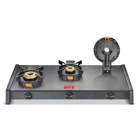Prestige Svachh Glass Top Gas Stove with 3 Liftable Brass Burners for easy cleaning(GTSB-03)|Jumbo Brass Burner|Sturdy pan support|2 years warranty|5 years warranty on glass