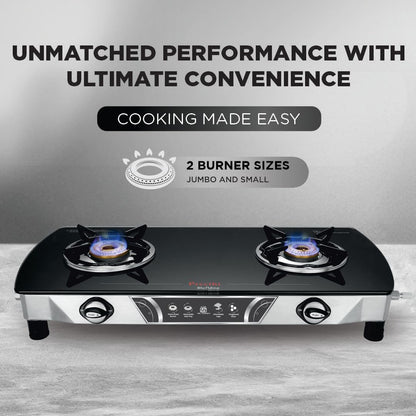 Preethi Bluflame Streak Plus Glass Top 2 Burner Gas Stove, with Jumbo Burner, Manual Ignition, Black