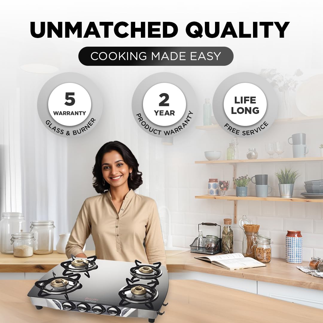Preethi Blu Flame Jumbo glass top 4 burner gas stove, Manual Ignition, Black