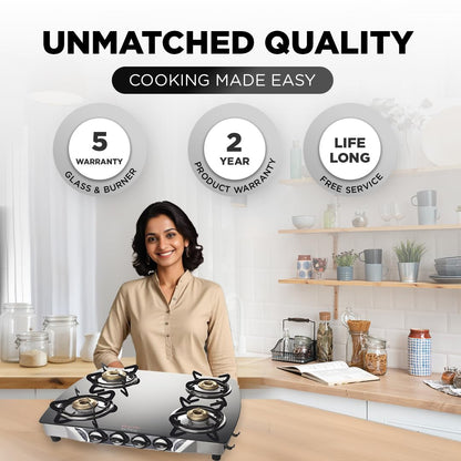Preethi Blu Flame Jumbo glass top 4 burner gas stove, Manual Ignition, Black