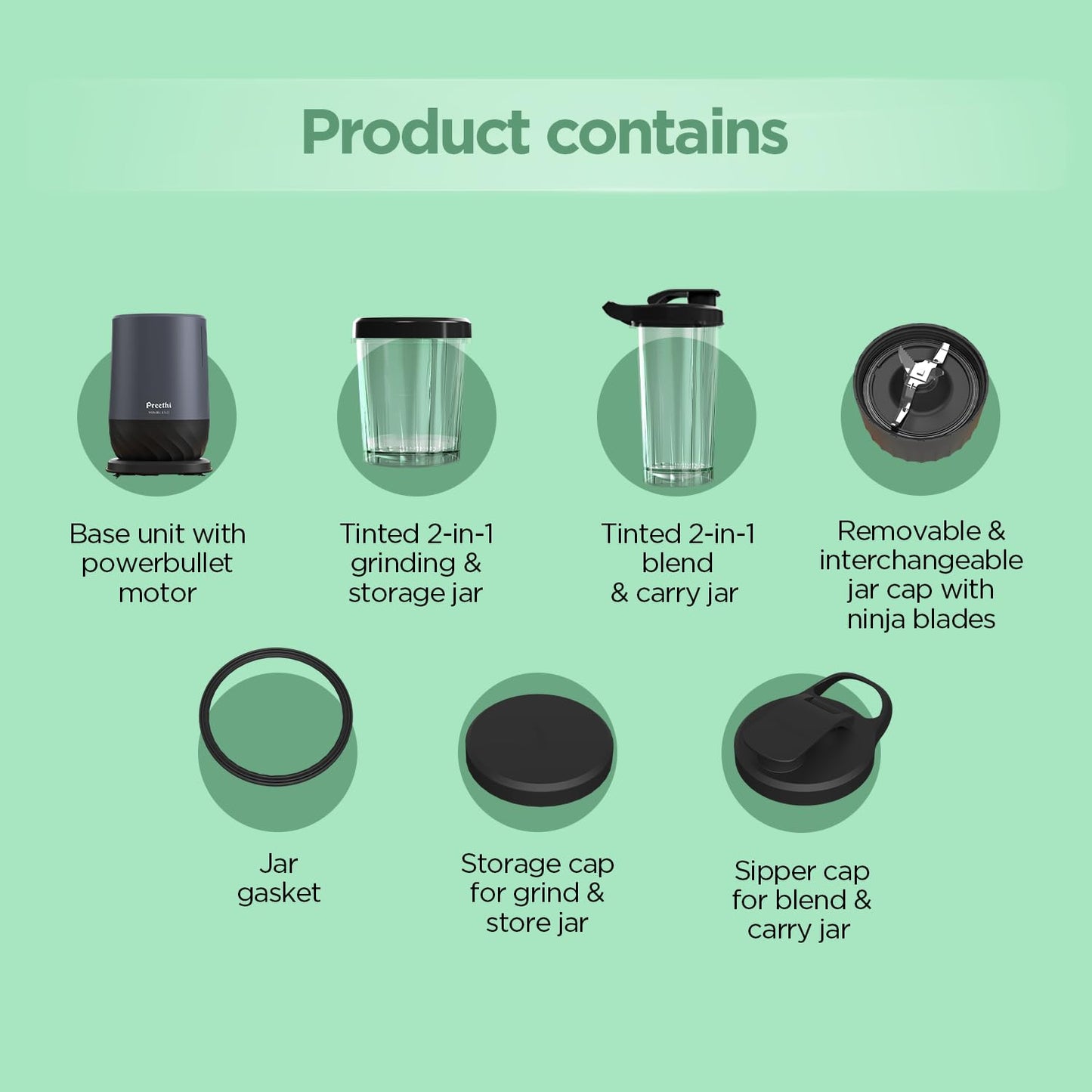 Preethi MiniBlend - Compact Blender & Juicer for Lump Free Purees & Smoothies | 25,000 RPM | Two Razor sharp Ninja blades, Two Leak-proof Jars with Sipper & Storage Lids | Free Lifelong Service