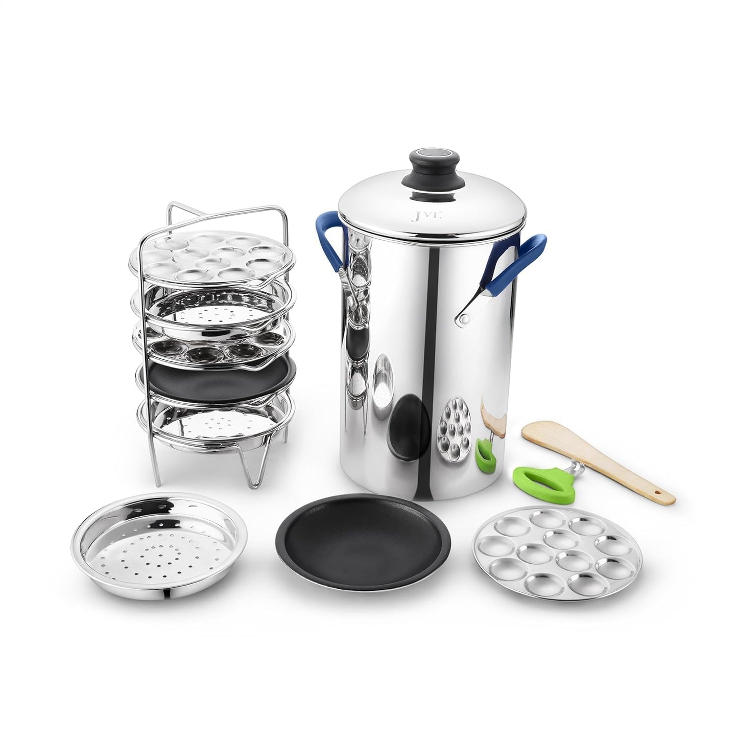 JVL Stainless Steel Triply Base Thatte Idly Maker (5 Mini Idly plates) 1 Steamer Vessel, 5 Mini Idly Plates, 1 Stand, 1 Lifter and 1 Spatula