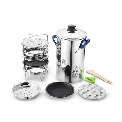 JVL Stainless Steel Triply Base Thatte Idly Maker (5 Mini Idly plates) 1 Steamer Vessel, 5 Mini Idly Plates, 1 Stand, 1 Lifter and 1 Spatula
