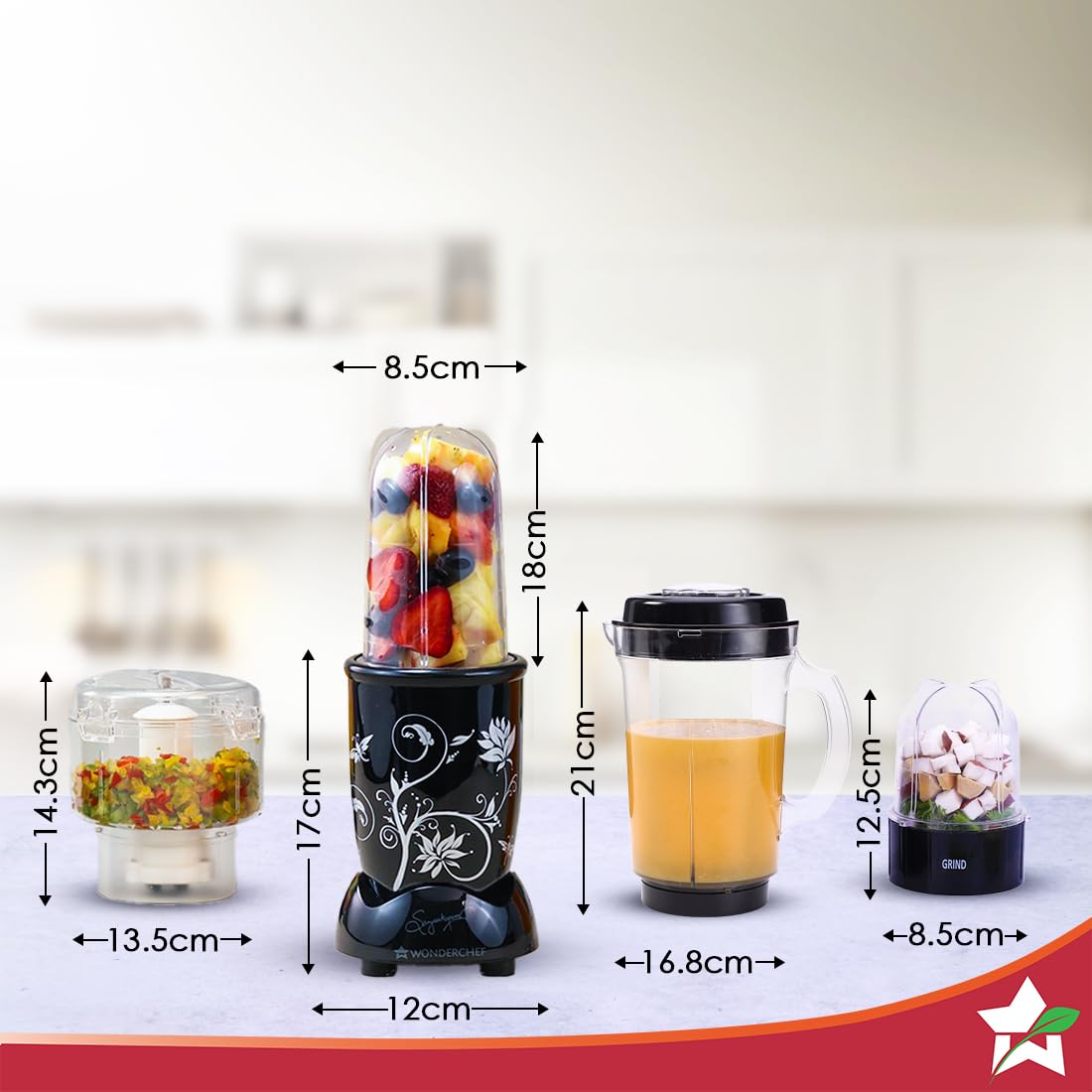 Wonderchef Nutri Blend Complete Kitchen Machine, Mixer Grinder, Blender, Chopper, Juicer, Stainless Steel Blades, 4 Jars with chopper, 500 Watts, Black, Online Recipe Book By Chef Sanjeev Kapoor