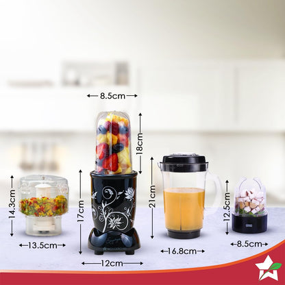 Wonderchef Nutri Blend Complete Kitchen Machine, Mixer Grinder, Blender, Chopper, Juicer, Stainless Steel Blades, 4 Jars with chopper, 500 Watts, Black, Online Recipe Book By Chef Sanjeev Kapoor