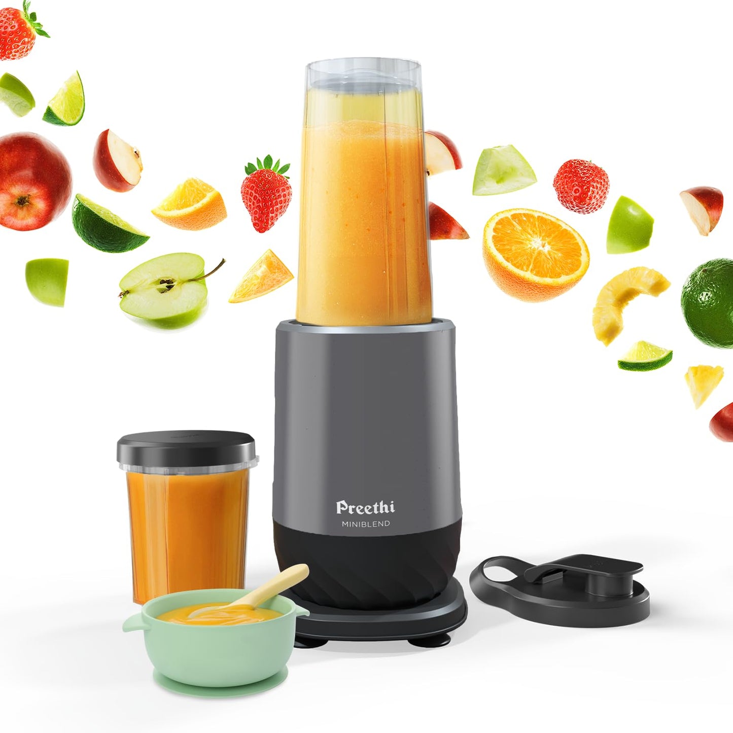 Preethi MiniBlend - Compact Blender & Juicer for Lump Free Purees & Smoothies | 25,000 RPM | Two Razor sharp Ninja blades, Two Leak-proof Jars with Sipper & Storage Lids | Free Lifelong Service