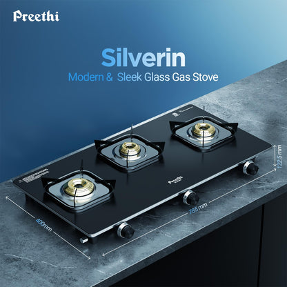 Preethi Silverin 3 Burner Glass Top Gas Stove | Easy-to-Clean with XL Spill Tray | Sparkling Clean in 2 Minutes | 5-Year Glass & Burner Warranty | Lifetime Valve Warranty | ISI Certified