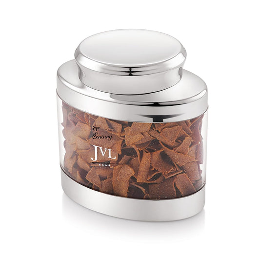 JVL Classiware Oval Canister See-Through Airtight Storage Container with Stainless Steel Lid Mirror Finish Ideal for Grains, Pulses, Tea, Coffee, Snacks & More - 1PC (650 ml)