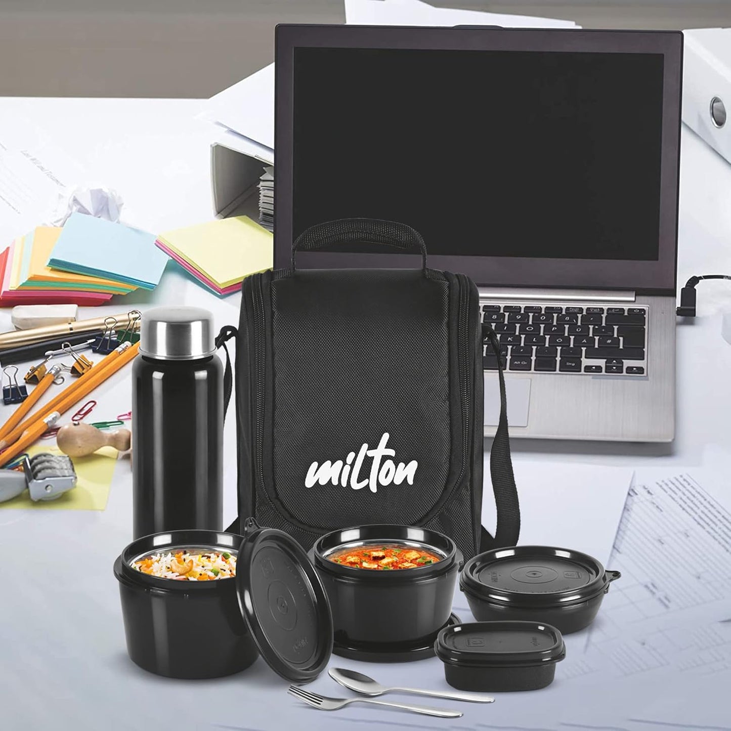 MILTON Pro Lunch Box with Steel Cutlery, 3 Microwave Safe Inner Steel Containers (180ml, 320ml, 450ml) Plastic Chutney Dabba 100ml, Bottle 750ml with Insulated Bag, Office Tiffin, Black