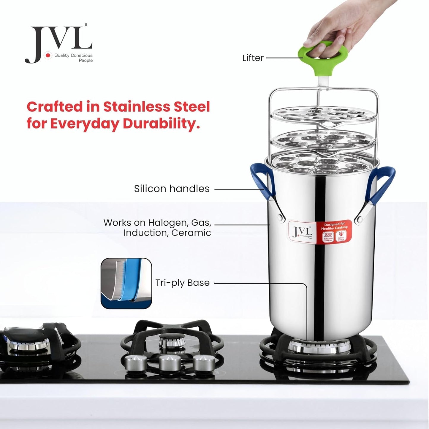JVL Stainless Steel Triply Base Thatte Idly Maker (5 Mini Idly plates) 1 Steamer Vessel, 5 Mini Idly Plates, 1 Stand, 1 Lifter and 1 Spatula